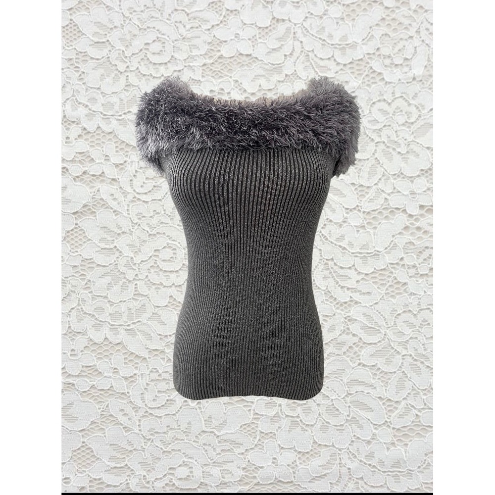 vintage y2k fur trim sparkly tank top